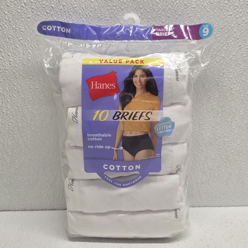 Hanes Womens 10 Pack White Cotton Underwear Briefs - Size 9 - New